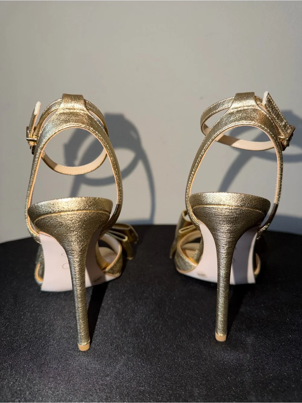 Jessica Simpson “Olivine” Gold Bow Ankle-Strap High Heels